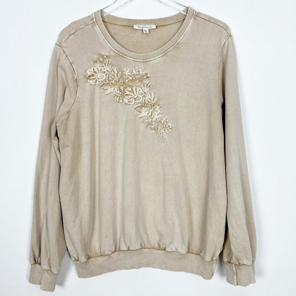 Solitaire Sweatshirt Women's Size XL Khaki Floral Embroidered Grannycore Boho